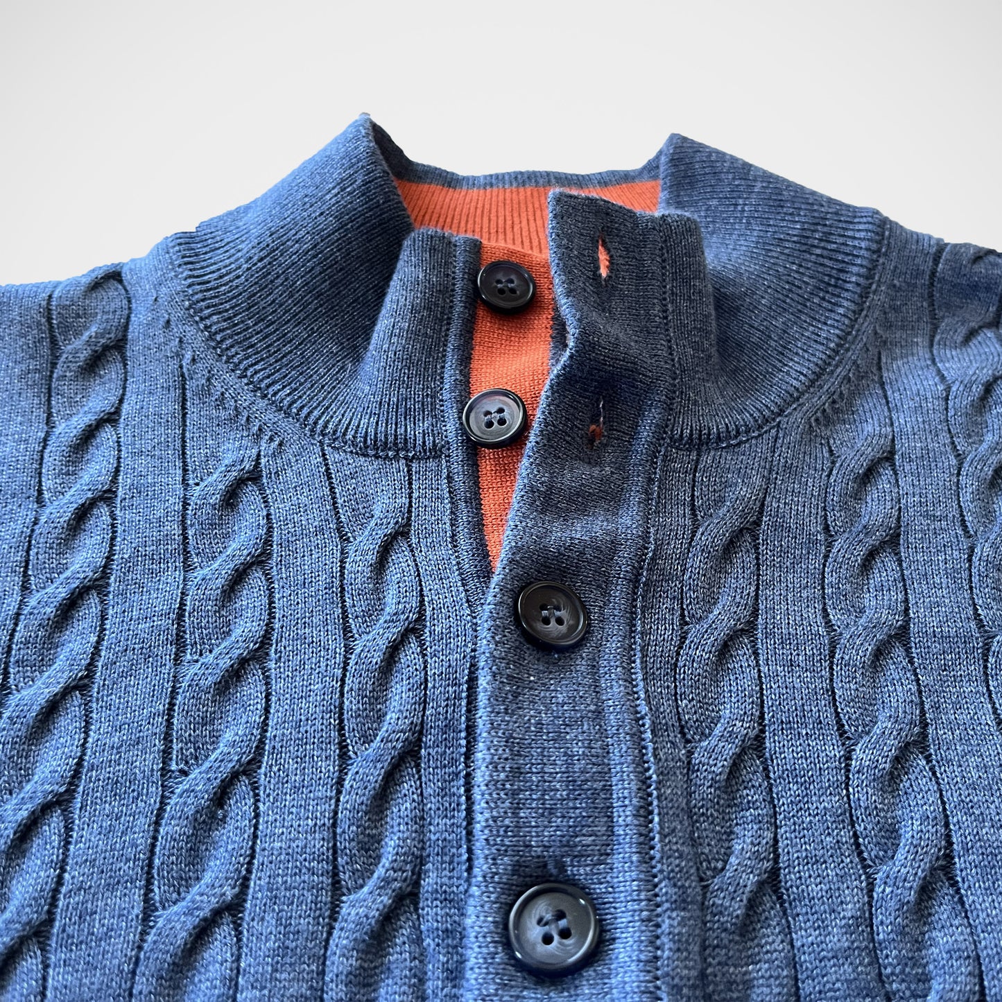 'Cable 3/4 Button mock - Denim and Orange' Sweater