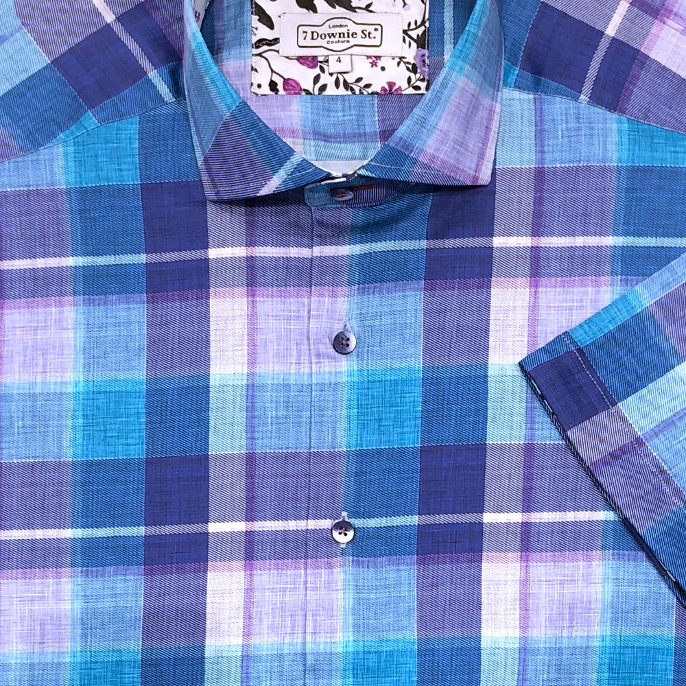 'Blue & Purple Graph Check' Short Sleeved Sport Shirt