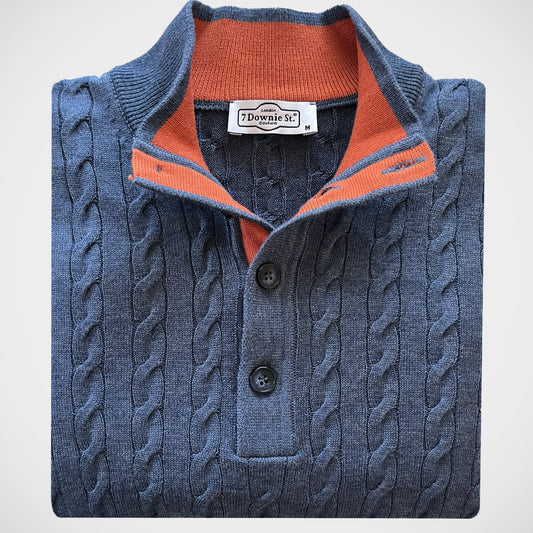 'Cable 3/4 Button mock - Denim and Orange' Sweater