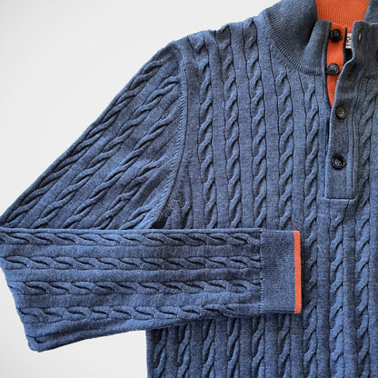 'Cable 3/4 Button mock - Denim and Orange' Sweater