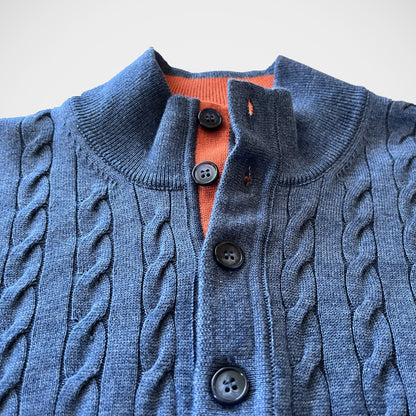 'Cable 3/4 Button mock - Denim and Orange' Sweater