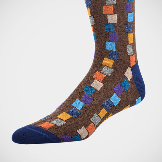 'Colourful Squares on Brown' Socks