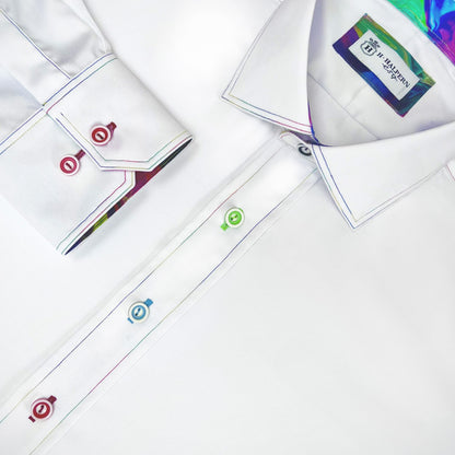 Close-up of a white shirt with colorful logo and text on a white background